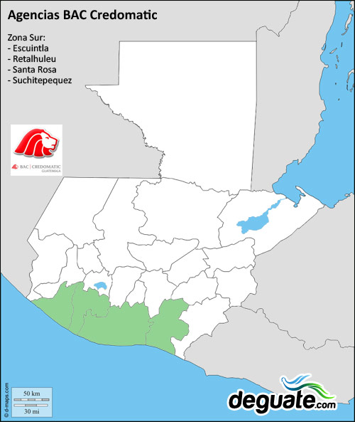 Agencias BAC Credomatic en Escuintla, Retalhuleu, Santa Rosa, y Suchitepequez