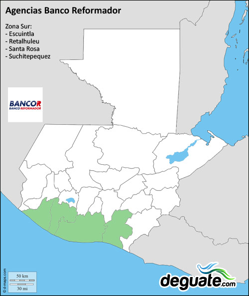 Agencias Banco Reformador en Escuintla, Retalhuleu, Santa Rosa y Suchitepequez